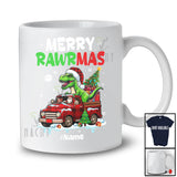 Personalized Custom Name Merry Rawrmas; Amusing Christmas T-Rex Dinosaur Riding Pickup Truck T-Shirt