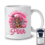 Personalized Custom Name October We Wear Pink; Lovely Breast Cancer Halloween Dachshund Witch T-Shirt