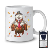 Personalized Custom Name Pilgrim Samoyed Riding Turkey; Lovely Thanksgiving Fall Leaves T-Shirt