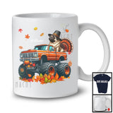 Personalized Custom Name Pug Turkey On Monster Truck; Joyful Thanksgiving Fall Leaf T-Shirt