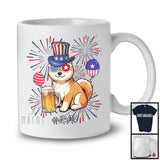 Personalized Custom Name Shiba Inu Drinking Beer, Lovely 4th Of July Fireworks, Patriotic T-Shirt