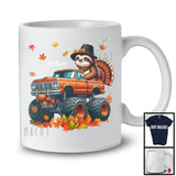 Personalized Custom Name Sloth Turkey On Monster Truck; Joyful Thanksgiving Fall Leaf T-Shirt