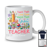 Personalized Custom Name Teacher Teach Love Watch Them Grow, Lovely Flowers Pencils Group T-Shirt