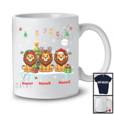 Personalized Custom Name Three Elf Santa Lion Snowing; Joyful Christmas Tree Animal T-Shirt