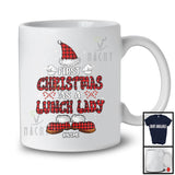 Personalized First Christmas As A Lunch Lady; Humorous Custom Name Plaid Santa; Future Promoting T-Shirt