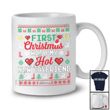 Personalized First Christmas With My Hot New Boyfriend; Amusing Sweater Custom Name Couple Santa T-Shirt