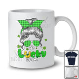 Personalized Go Lucky; Happy St. Patrick's Day Custom Name Women Messy Bun Hair; Shamrock T-Shirt