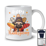 Personalized Happy Thanksgiving; Adorable Custom Name Pug Plaid Turkey Tail; Family T-Shirt