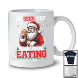 Personalized He Sees You Eating; Humorous Christmas Custom Name Santa Hamburger; Food Lover T-Shirt