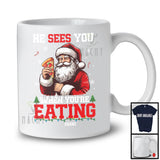 Personalized He Sees You Eating; Humorous Christmas Custom Name Santa Pizza; Food Lover T-Shirt