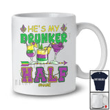 Personalized He's My Drunker Half; Joyful Mardi Gras Three Glasses Drinking; Custom Name Couple T-Shirt