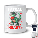 Personalized I Steal Hearts; Adorable Valentine T-Rex Holding Hearts; Custom Name Men Single T-Shirt