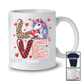 Personalized LOVE; Adorable Valentine Custom Name Unicorn Holding Heart; Leopard Plaid T-Shirt