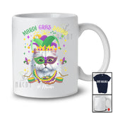 Personalized Mardi Gras Squad; Adorable Custom Name Cat Face; Masked Jester Hat Beads T-Shirt