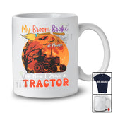 Personalized My Broom Broke Drive A Tractor; Spooky Halloween Moon Witch; Custom Name Farmer T-Shirt