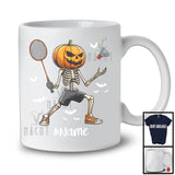 Personalized Pumpkin Skeleton Playing Badminton, Horror Halloween Custom Name Badminton Player T-Shirt