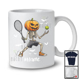 Personalized Pumpkin Skeleton Playing Tennis, Horror Halloween Custom Name Tennis Player T-Shirt