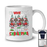 Personalized We Woof You A Merry Christmas; Adorable X-mas Three Santa Chihuahuas; Snowing T-Shirt