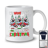 Personalized We Woof You A Merry Christmas; Lovely Three Santa Bernedoodles; X-mas Tree T-Shirt