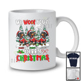 Personalized We Woof You A Merry Christmas; Lovely Three Santa Dachshunds; X-mas Tree T-Shirt