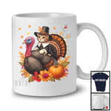 Pilgrim Cat Riding Turkey; Lovely Thanksgiving Fall Leaves Pumpkin Turkey Lover; Family Group T-Shirt