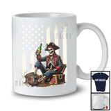 Pirate Skeleton Drinking Treasures, Humorous 4th Of July American Flag Pirate, Patriotic Lover T-Shirt