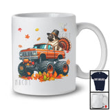 Pug Turkey On Monster Truck; Humorous Thanksgiving Autumn Fall Leaves; Family T-Shirt