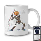 Pumpkin Skeleton Playing Ice Hockey; Creepy Halloween Costume Sport Player Team; Family Group T-Shirt