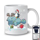 Santa Penguin Riding Reindeer Manatee; Adorable Christmas Lights Animal Lover; Snowing T-Shirt