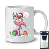 Santa Pug Riding Reindeer Flamingo; Awesome Christmas Lights Animal; X-mas Snowing Around T-Shirt