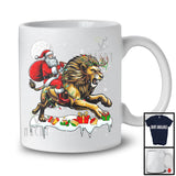 Santa Riding Lion Reindeer; Amusing Christmas Lights Santa Lion Animal; Snowing T-Shirt