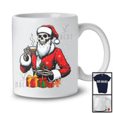 Santa Skeleton Drinking Coffee; Humorous Christmas Smiling Skull; Coffee Latte Snowing T-Shirt