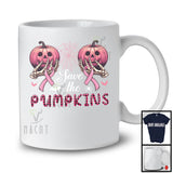 Save The Pumpkins; Scary Halloween Plaid Pink Pumpkin Skeleton Hand; Breast Cancer Ribbon T-Shirt