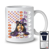 Shetland Sheepdog Witch On American Flag, Adorable Halloween Pumpkin Paws, Patriotic Group T-Shirt