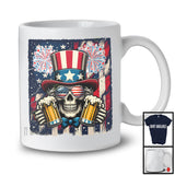 Skull Drinking Beer, Cheerful 4th Of July American Flag Drunker Team, Fireworks Patriotic T-Shirt