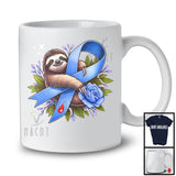 Sloth Hanging On Blue Ribbon; Adorable Diabetes Awareness Sloth Animal; Blue Flowers T-Shirt