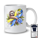 Sloth Hanging On Yellow Blue Ribbon; Adorable Down Syndrome Awareness Sloth Animal; Flowers T-Shirt