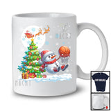 Snowman Playing Basketball Team; Cheerful Christmas Tree Lights Snowing; X-mas Sport Player T-Shirt