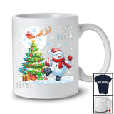 Snowman Playing Football Team; Cheerful Christmas Tree Lights Snowing; X-mas Sport Player T-Shirt