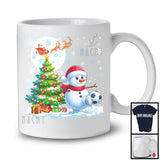 Snowman Playing Soccer Team; Cheerful Christmas Tree Lights Snowing; X-mas Sport Player T-Shirt