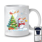 Snowman Playing Softball Team; Cheerful Christmas Tree Lights Snowing; X-mas Sport Player T-Shirt