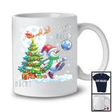 Snowman Playing Volleyball Team; Cheerful Christmas Tree Lights Snowing; X-mas Sport Player T-Shirt