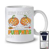 Stop Staring At My Pumpkins, Awesome Halloween Two Pumpkin Boobs Skeleton Hands, Family T-Shirt