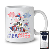 Teacher, Adorable 4th Of July Cow With Fireworks, American Flag Farm Farmer Patriotic T-Shirt