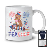 Teacher, Lovely 4th Of July Pit Bull With Fireworks, American Flag Patriotic Teacher T-Shirt