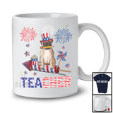 Teacher, Lovely 4th Of July Pug With Fireworks, American Flag Patriotic Teacher T-Shirt