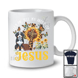 Tell You About My Jesus, Adorable Bernedoodle Owner Lover, Leopard Sunflowers Cross Butterflies T-Shirt