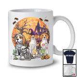 Three Mummy Witch Zombie Beagle With Scary Moon, Creepy Halloween Costume Lying Skeleton T-Shirt