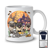 Three Mummy Witch Zombie Pug, Scary Halloween Moon Pug Owner Lover, Lying Skeleton T-Shirt