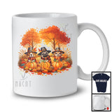 Three Pilgrim Dogs With Pumpkins Fall Tree; Lovely Thanksgiving Pumpkin Dog; Family Group T-Shirt